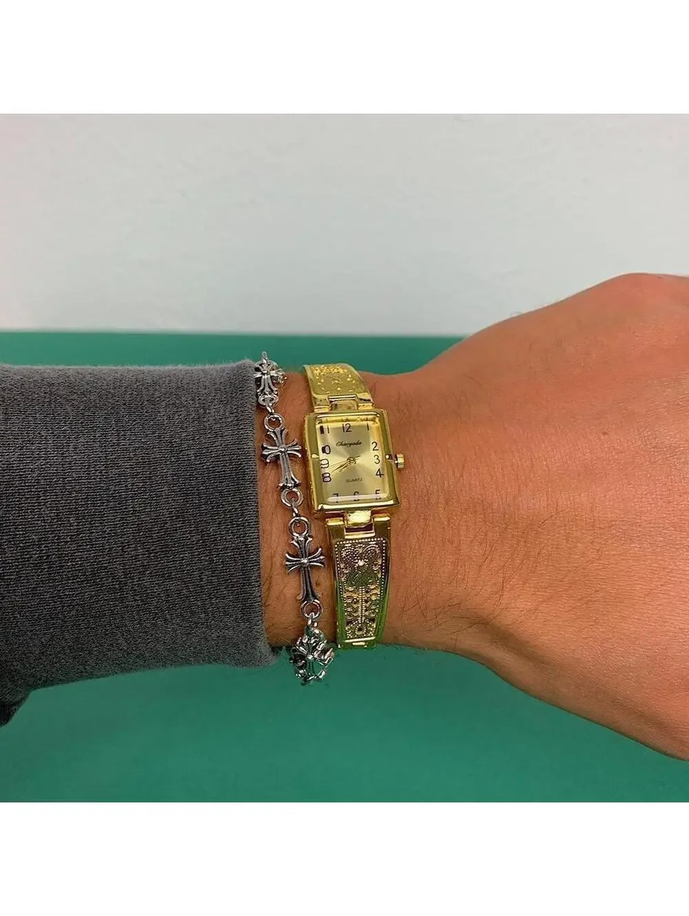 Y2K Vintage Gold Green Quartz Stainless Steel Watch 8 Inch Unisex